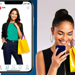 **Personalized online shopping experience:** "A woman smiling while using a virtual try-on app on her smartphone, showcasing clothes tailored to her style. Vibrant colors, modern interface, shopping bags in the background."