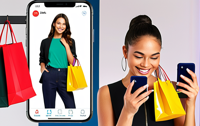**Personalized online shopping experience:** "A woman smiling while using a virtual try-on app on her smartphone, showcasing clothes tailored to her style. Vibrant colors, modern interface, shopping bags in the background."