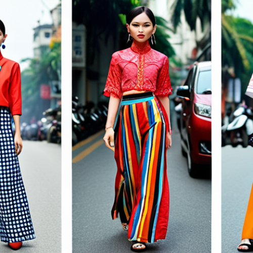 **

A vibrant collage showcasing diverse fashion styles trending in Vietnam: áo dài modernized with contemporary patterns, streetwear incorporating traditional embroidery, and stylish office outfits featuring local designer accessories. The background should be a bustling Hanoi street scene during fashion week, capturing the energy and excitement of Vietnamese fashion.

**