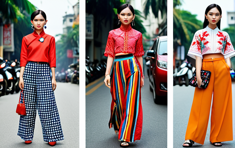 **
A vibrant collage showcasing diverse fashion styles trending in Vietnam: áo dài modernized with contemporary patterns, streetwear incorporating traditional embroidery, and stylish office outfits featuring local designer accessories. The background should be a bustling Hanoi street scene during fashion week, capturing the energy and excitement of Vietnamese fashion.
**